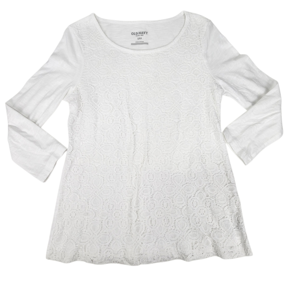 Old Navy White Lace Front Top 3/4 Sleeve Small Coastal Grandma Boho Romantic